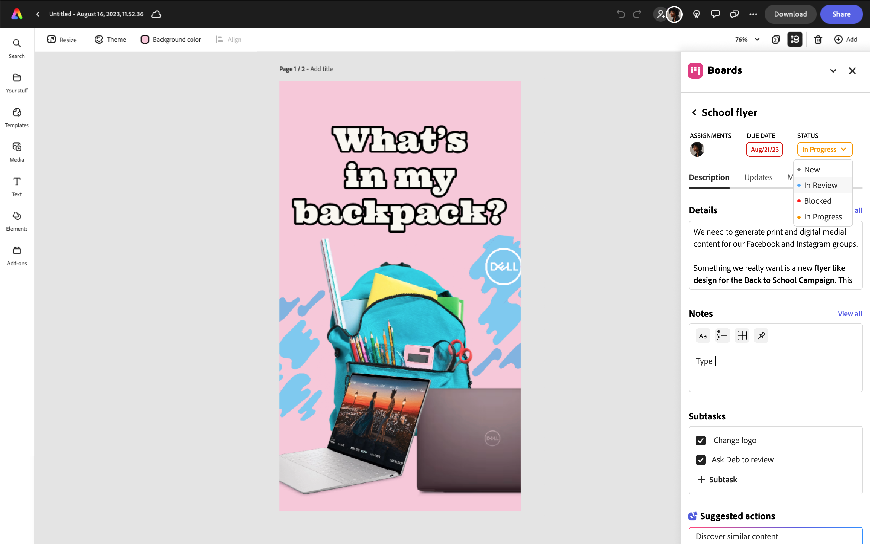 Solution: embedded panel — task and workflow view